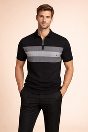 Short-sleeve textured polo shirt with a structured collar, front half-zip closure, horizontal tonal stripe detailing across the chest, clean sleeve hems, and a tailored fit for a refined modern silhouette.