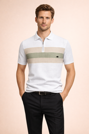 Short-sleeve textured knit polo shirt with a structured collar, half-zip placket, ribbed sleeve cuffs, and a clean horizontal chest stripe for a refined modern silhouette.
