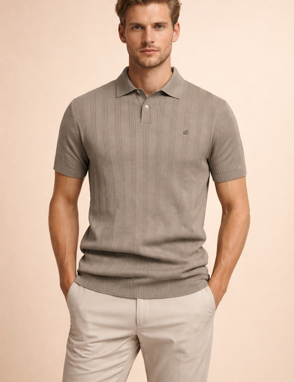 Textured short-sleeve polo shirt with a ribbed vertical knit pattern, classic collar, three-button placket, and a clean tailored silhouette designed for a refined smart-casual look.