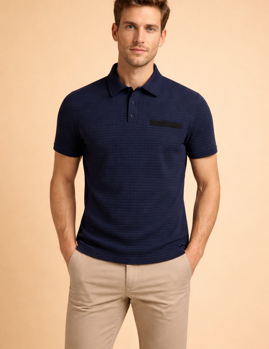 Textured short-sleeve polo top with structured collar, three-button placket, subtle chest pocket detail, and tailored fit, styled with straight-cut chinos for a refined casual look.
