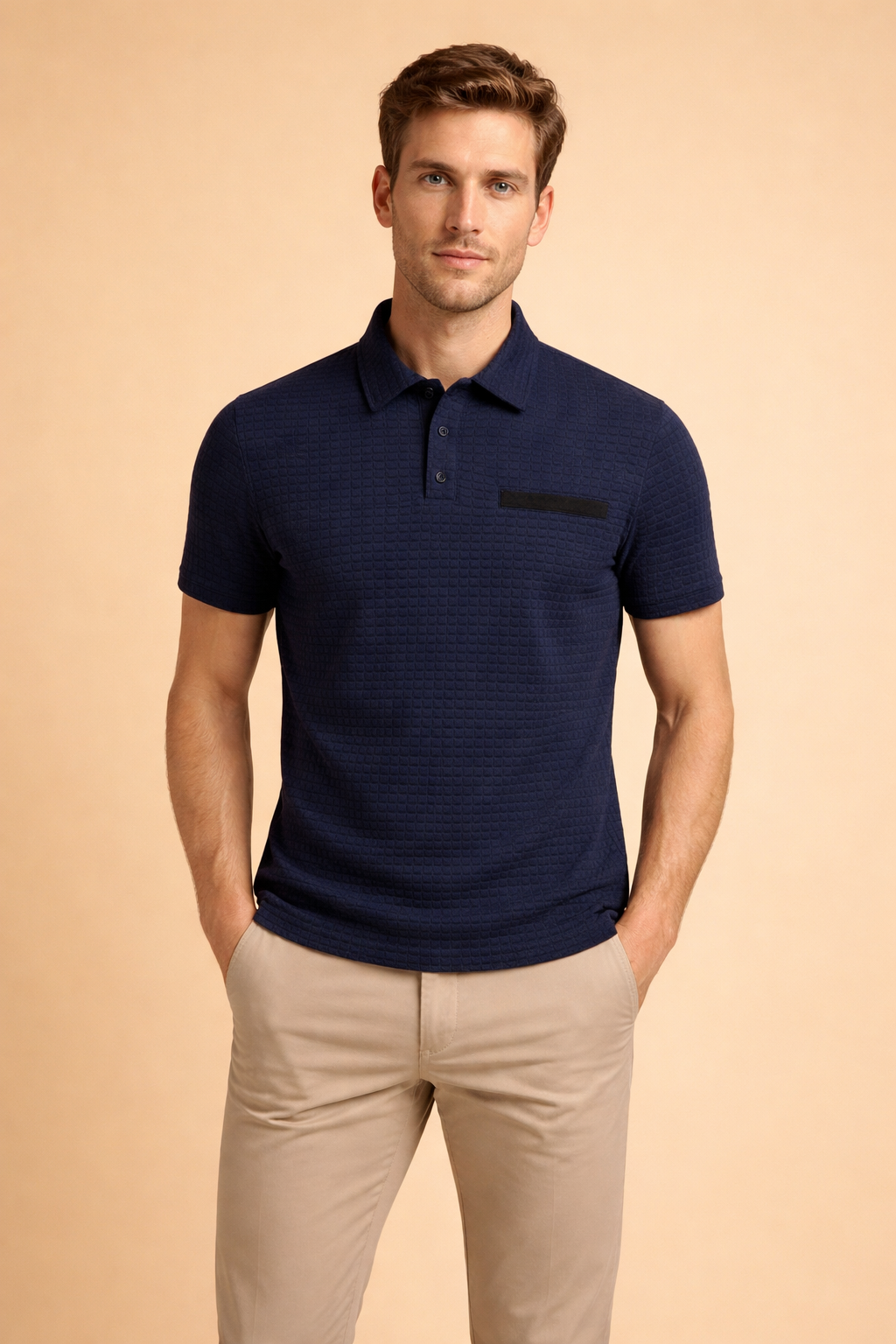 Textured short-sleeve polo top with structured collar, three-button placket, subtle chest pocket detail, and tailored fit, styled with straight-cut chinos for a refined casual look.