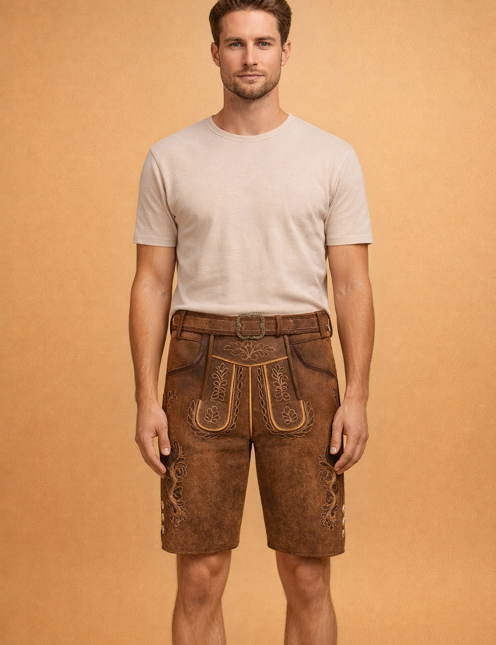 Traditional brown suede leather lederhosen shorts with ornate alpine embroidery, decorative front flap, classic side pockets, and an adjustable leather belt with an engraved metal buckle.