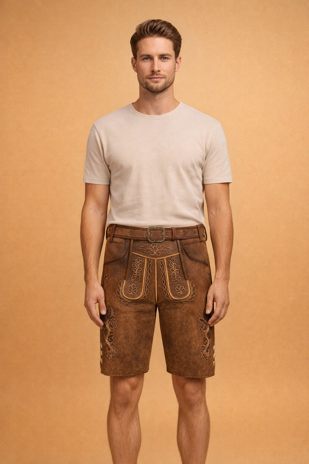 Traditional brown suede leather lederhosen shorts with ornate alpine embroidery, decorative front flap, classic side pockets, and an adjustable leather belt with an engraved metal buckle.