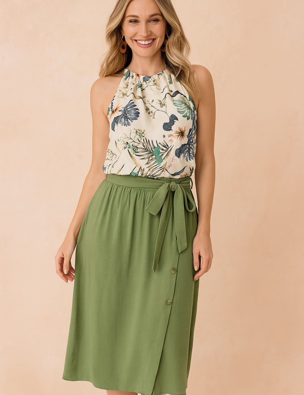 Tropical halter blouse with navy monstera and orange hibiscus print, paired with a high-waisted olive green midi skirt featuring a front bow and side button details.