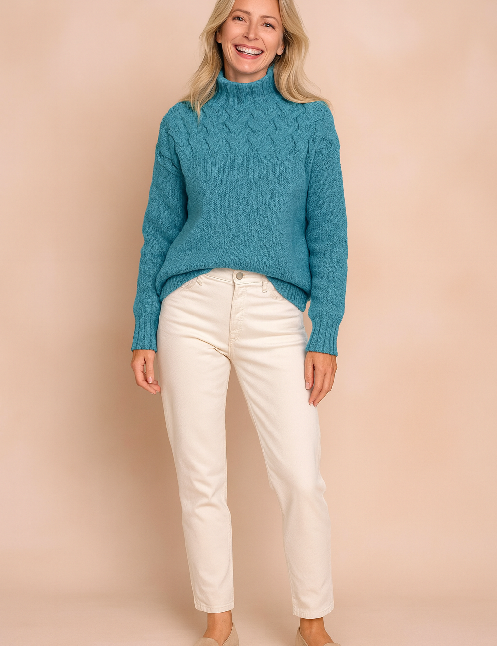 Turquoise cable-knit high-neck sweater with intricate braided pattern on the upper bodice, paired with off-white straight-leg pants and beige suede loafers.