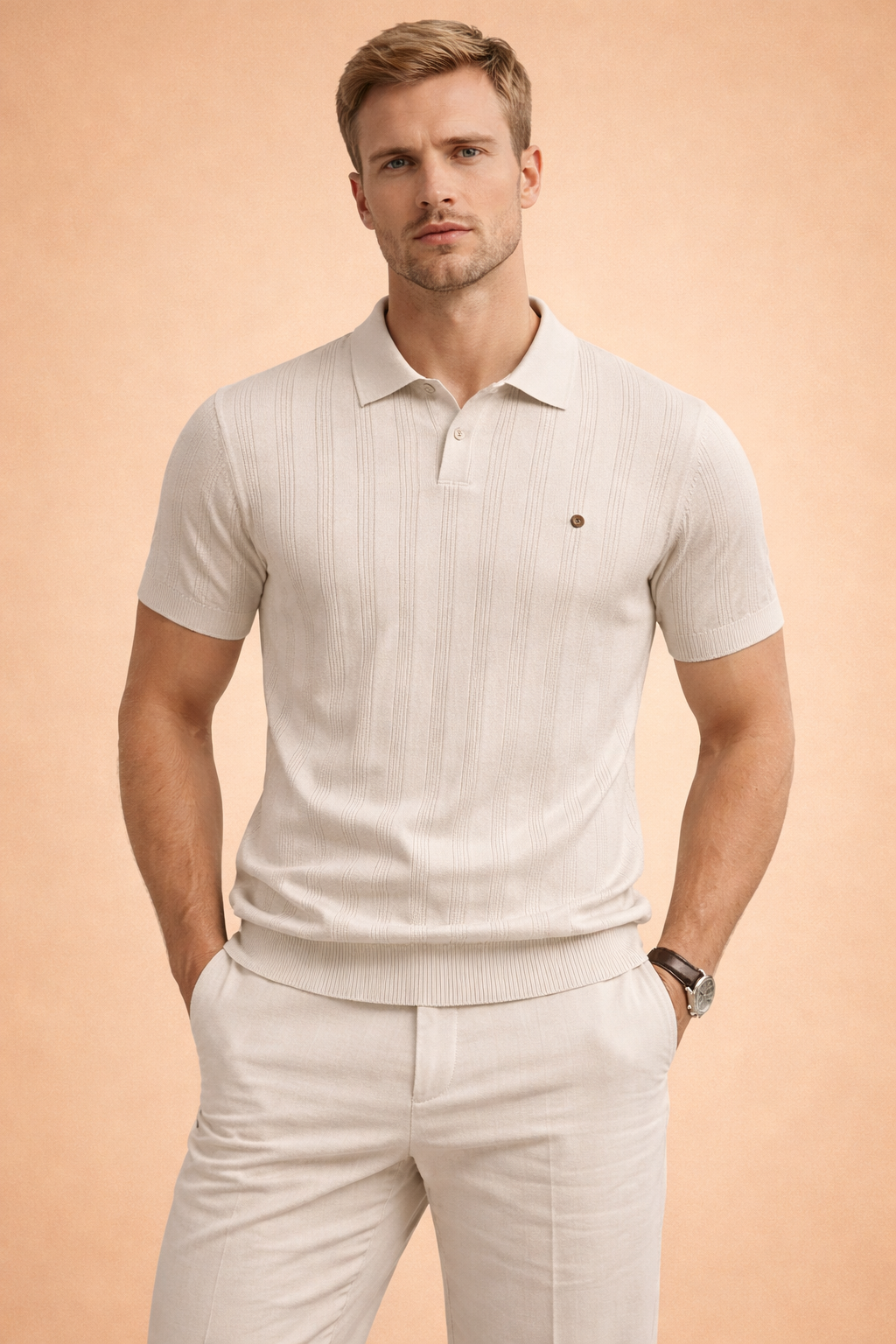 Short-sleeve knit polo shirt with a structured collar, button placket, and fine vertical rib detailing, paired with tailored straight-leg trousers featuring a clean front and refined waistband.