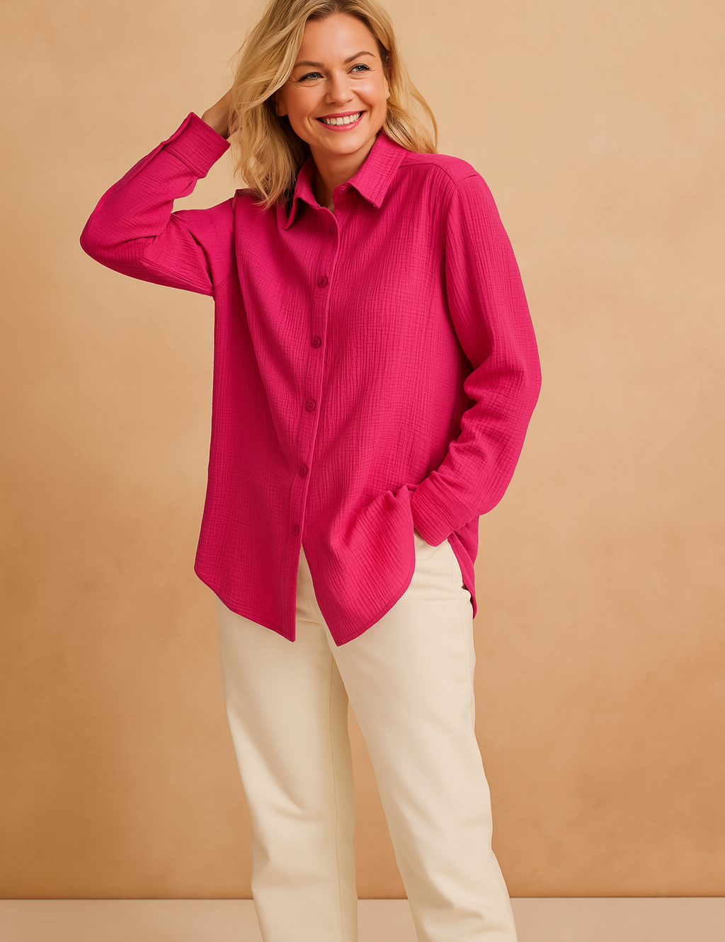 Vibrant hot pink textured button-up shirt with long sleeves, classic collar, and a relaxed hem, paired with high-waisted cream trousers.