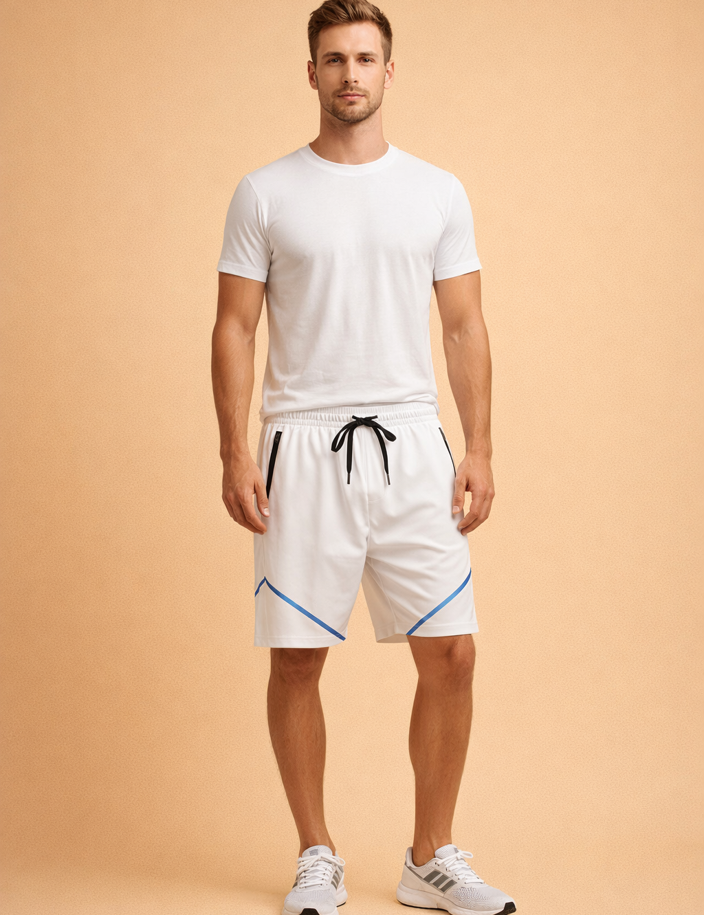 White athletic shorts with smooth lightweight fabric, elastic waistband with black drawstring, zippered side pockets, and precise blue geometric accent lines, paired with a clean white fitted short-sleeve T-shirt and white low-profile sneakers for a minimalist sport-luxury look.