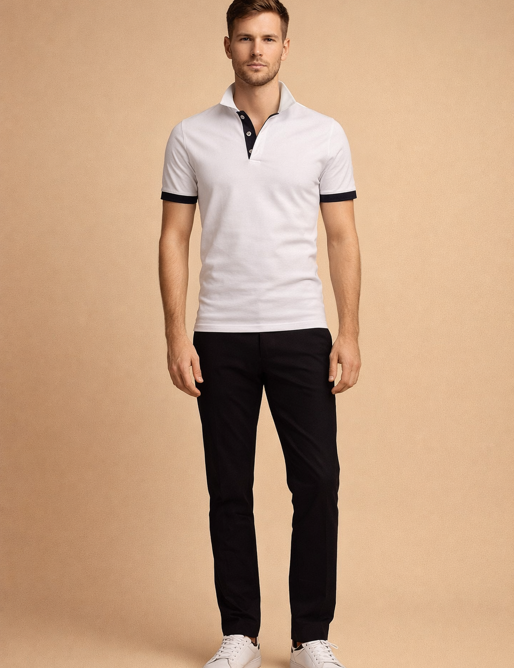 White short-sleeve polo shirt with black contrast collar and sleeve cuffs, featuring a smooth cotton fabric, solid plain weave texture, tailored slim fit, structured collar, three-button placket with black inner trim, paired with slim black trousers and clean white low-top sneakers