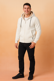 White hooded men's jacket with beige fleece lining, full front zipper, drawstring details, and front pockets.