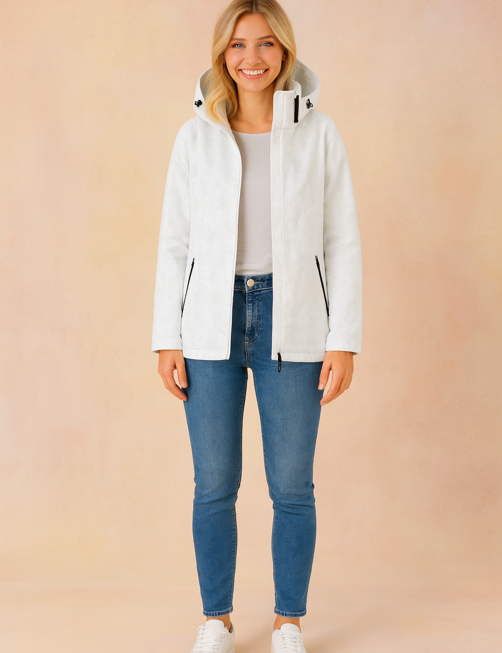 White hooded winter jacket with subtle floral embossed pattern, zip closure, and side zipper pockets