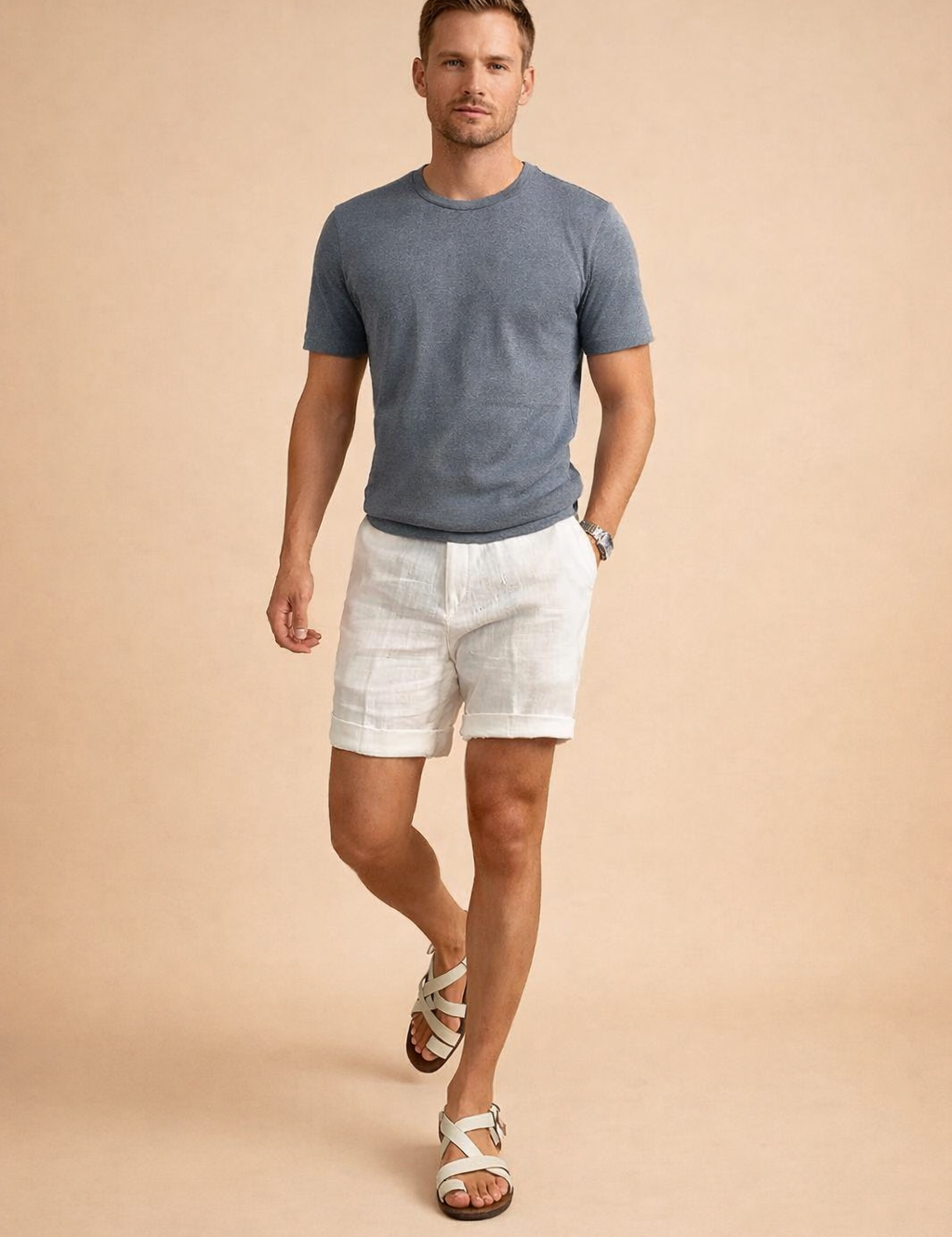 Lightweight white linen shorts with a clean tailored cut, smooth breathable fabric texture, straight hem above the knee, subtle natural linen weave, paired with a solid navy blue short-sleeve crew-neck cotton T-shirt with a matte finish and classic regular fit, styled with beige leather strap sandals featuring a flat sole and minimalist design.