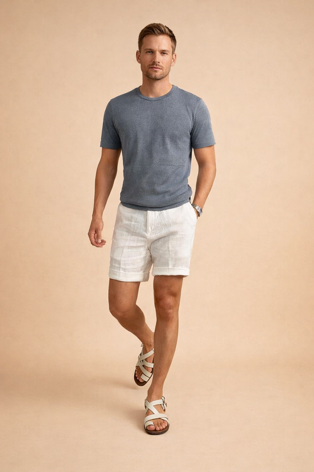 Lightweight white linen shorts with a clean tailored cut, smooth breathable fabric texture, straight hem above the knee, subtle natural linen weave, paired with a solid navy blue short-sleeve crew-neck cotton T-shirt with a matte finish and classic regular fit, styled with beige leather strap sandals featuring a flat sole and minimalist design.