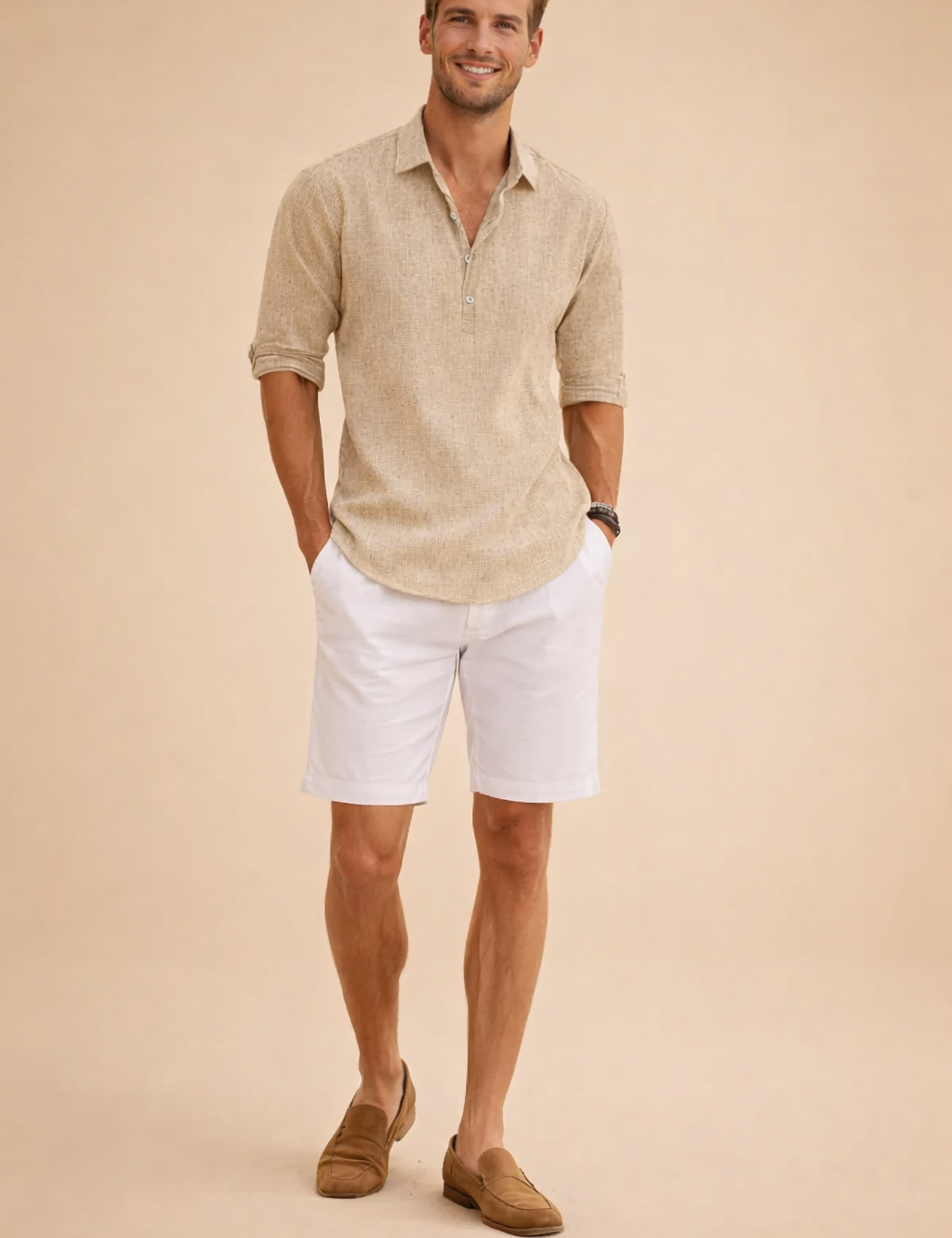 White long-sleeve open-placket top with a clean collarless neckline, styled with straight-fit white trousers and tan suede loafers for a crisp, elevated resort-inspired look.