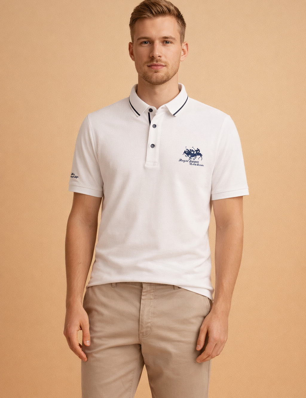 White short-sleeve polo shirt with navy contrast collar piping, three-button placket, and embroidered crest logo, paired with beige tailored chino shorts in a clean, classic cut.