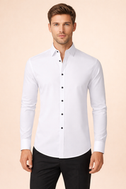 Crisp white long-sleeve button-up shirt with a structured collar, slim tailored fit, smooth clean finish, and contrasting dark buttons for a refined modern look.
