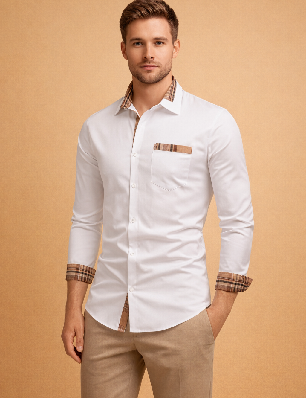 Slim-fit white long-sleeve button-up shirt with plaid contrast trim on the inner collar, cuff linings, and chest pocket detail, featuring a clean structured silhouette and tailored finish.