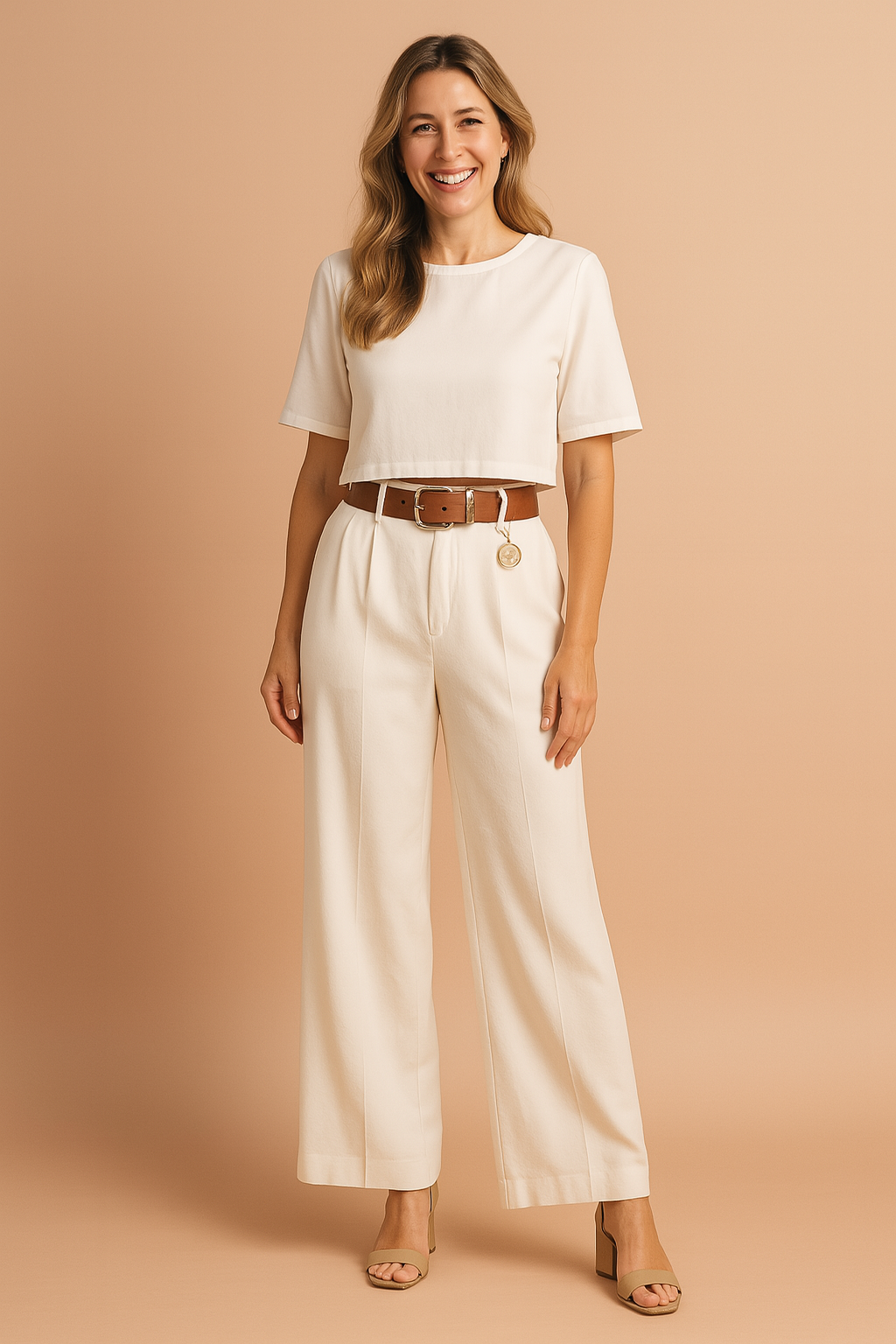 Two-piece white coord set featuring a structured crop top with short sleeves and high-waisted wide-leg trousers, styled with a wide brown belt adorned with a gold medallion and paired with nude block-heel sandals.