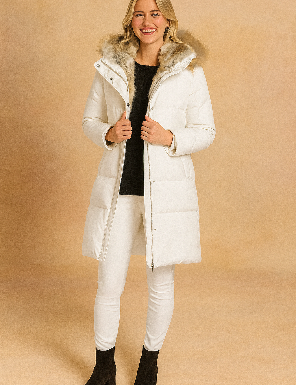 White padded winter jacket with fur-trimmed hood, front button closure, and longline design for cold-weather wear.
