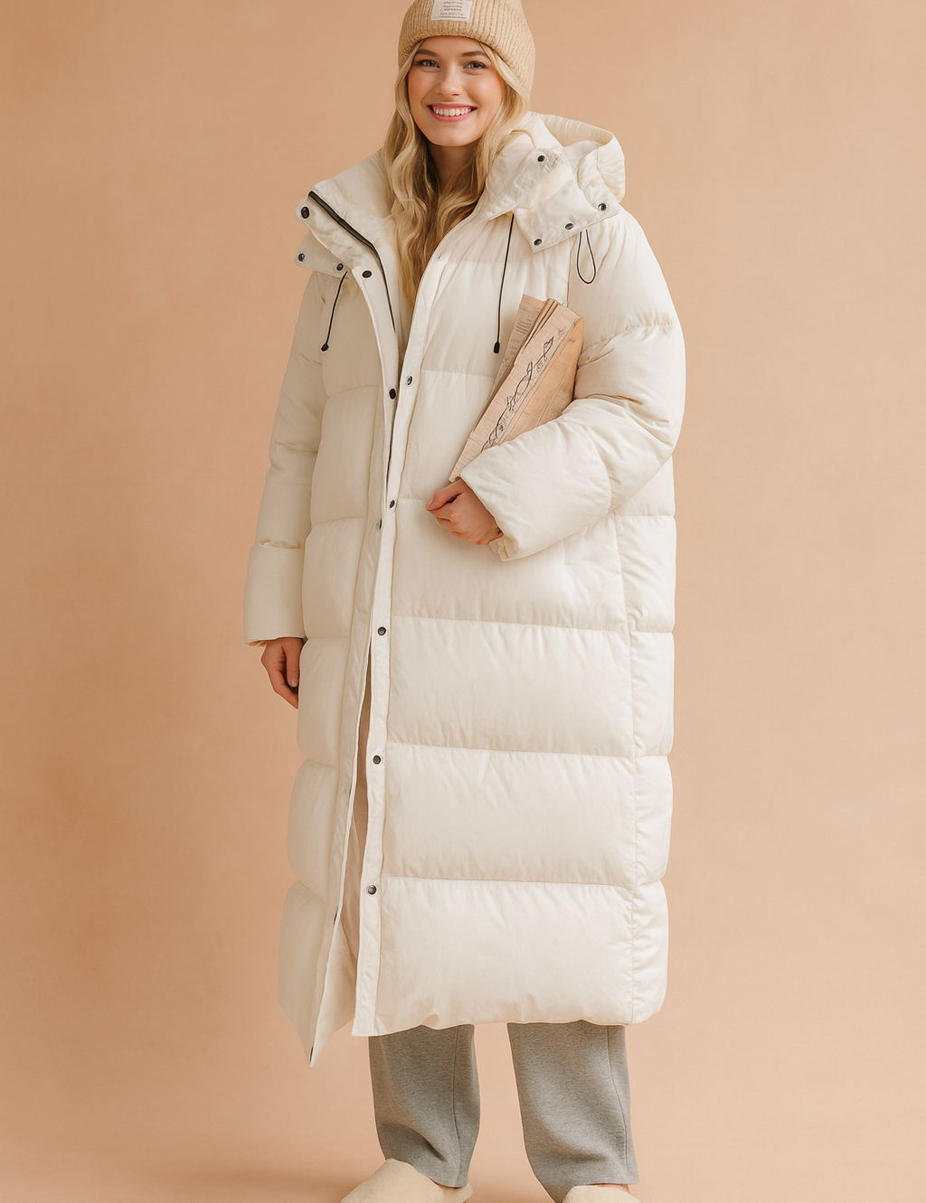 Women's long white puffer down jacket with hood, front button and zip closure, drawstring details, and oversized quilted design for winter wear