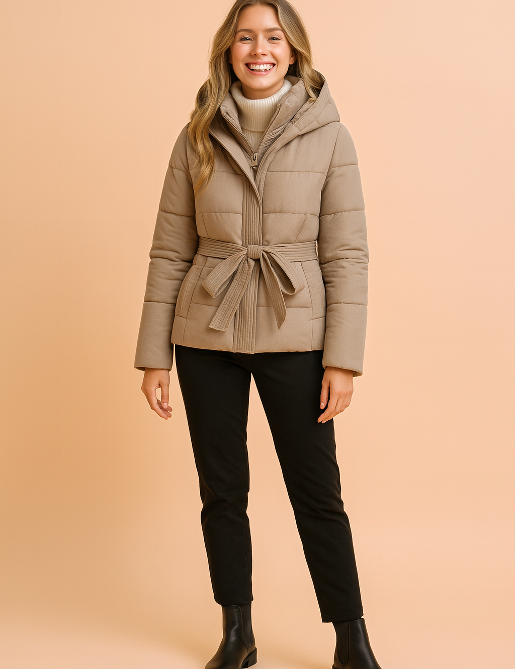 Women’s beige short hooded puffer jacket with waist belt, front zipper, and quilted design, offering a warm and stylish winter outerwear option.