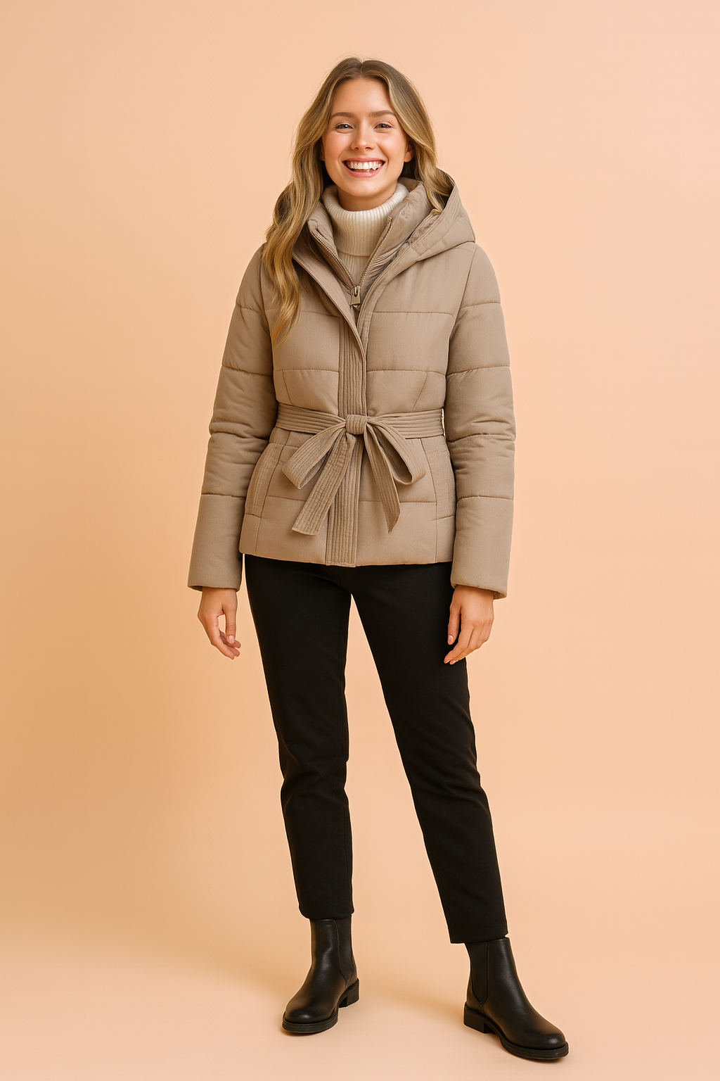 Women’s beige short hooded puffer jacket with waist belt, front zipper, and quilted design, offering a warm and stylish winter outerwear option.