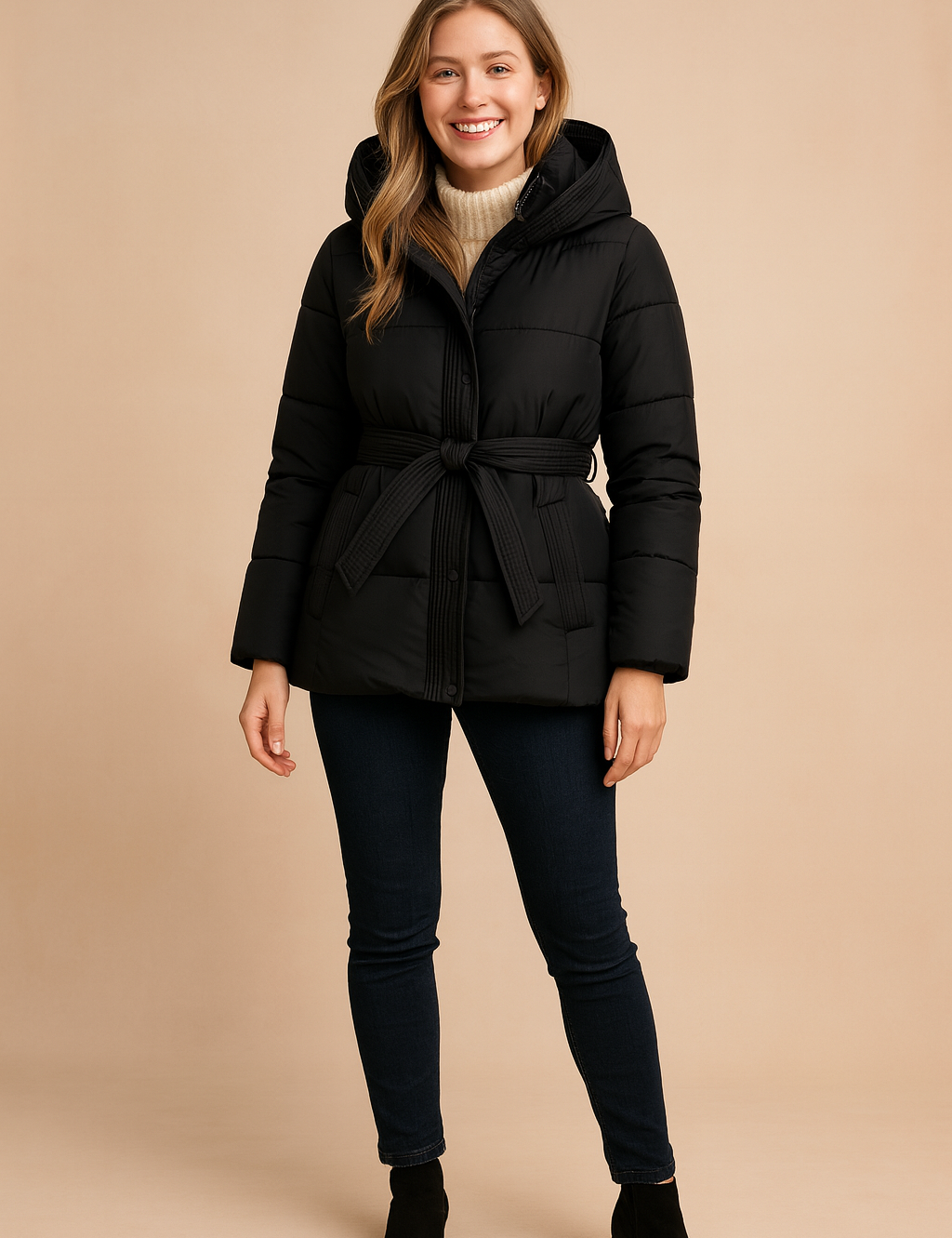 Women’s black short hooded puffer jacket with waist belt, front zipper, and quilted design, offering a warm and stylish winter outerwear option.