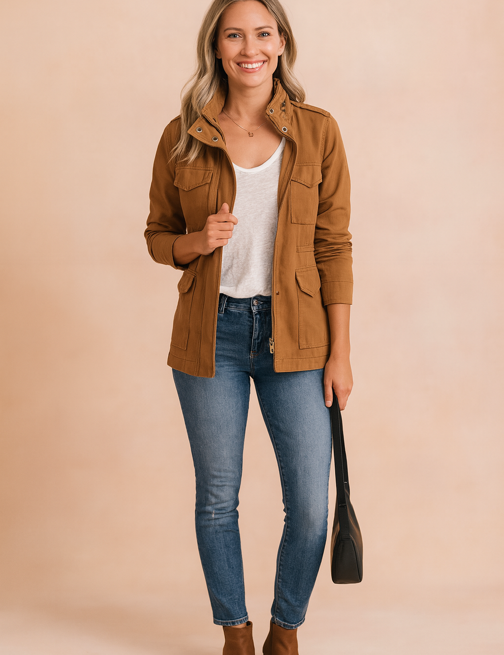 Women’s casual long-sleeve button-up utility jacket with front flap pockets, zip closure, and lightweight design, styled for everyday wear with jeans or casual outfits.