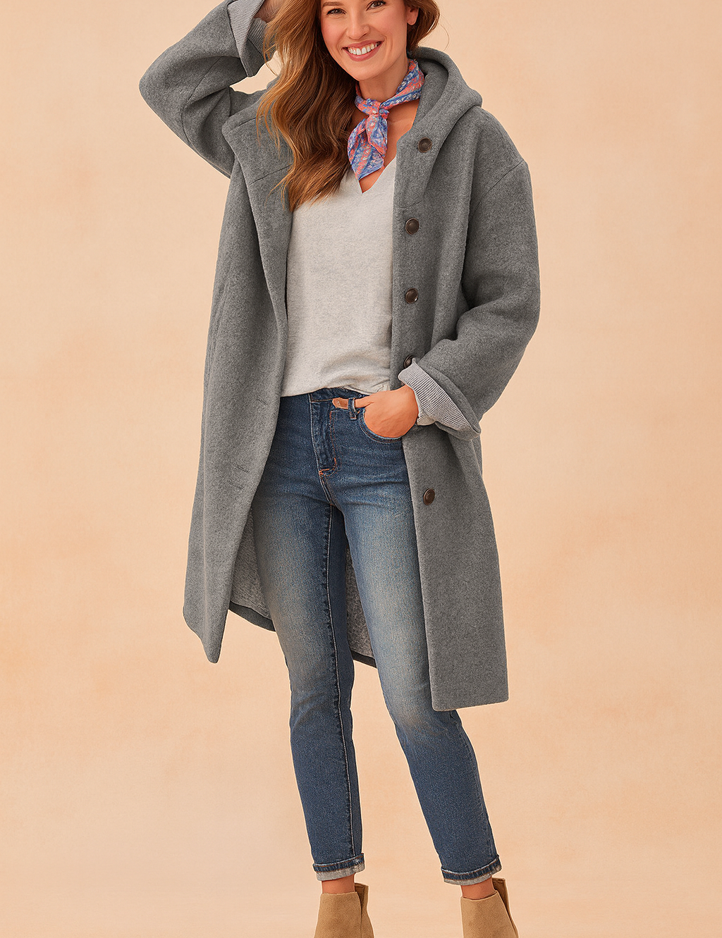 Women's long grey button-up wool coat with relaxed fit, paired with casual jeans and ankle boots, styled with a light grey V-neck top and a colorful neck scarf.