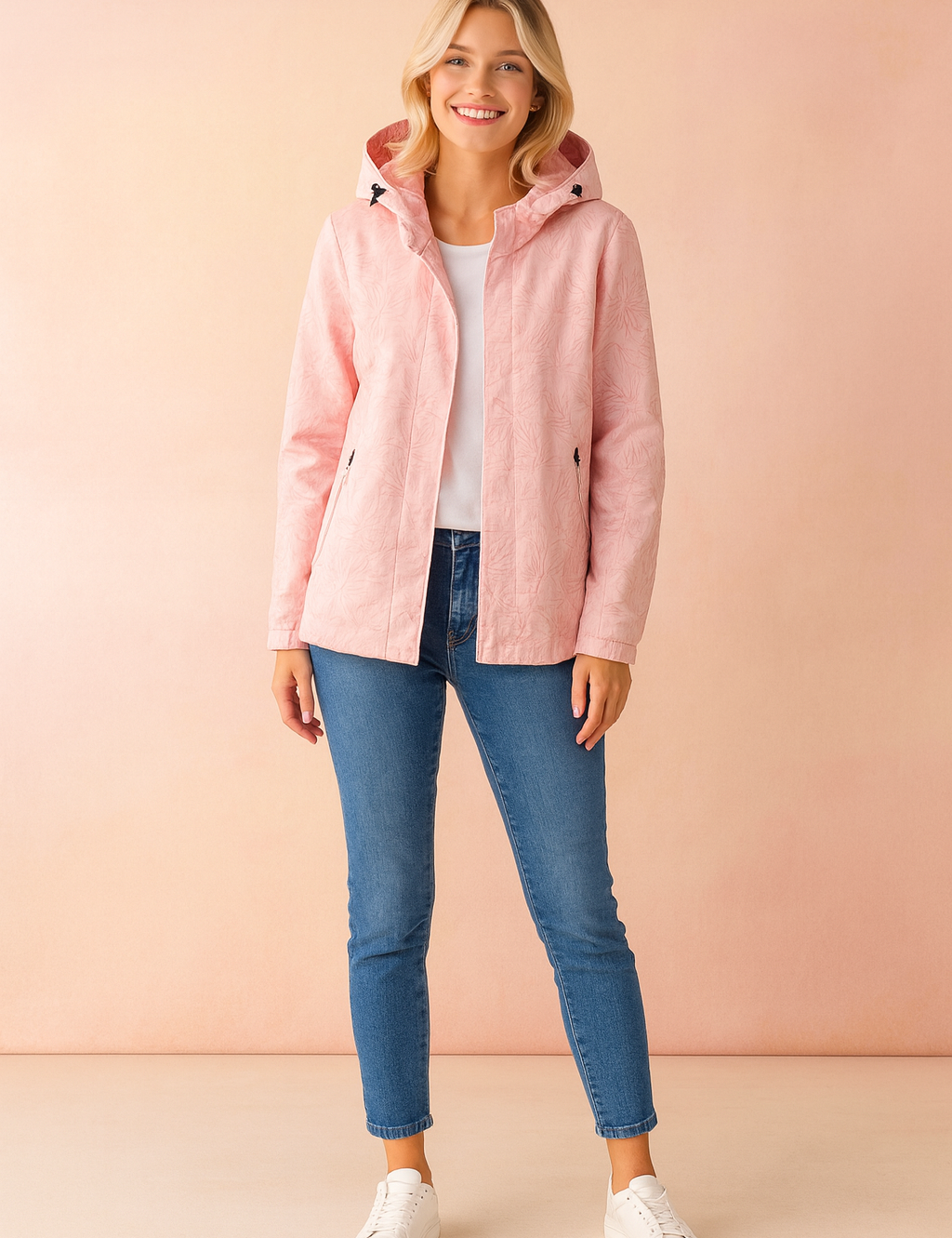 Women’s light pink hooded winter jacket with subtle embossed leaf print, front zipper closure, and side zip pockets, designed for comfort and seasonal warmth.