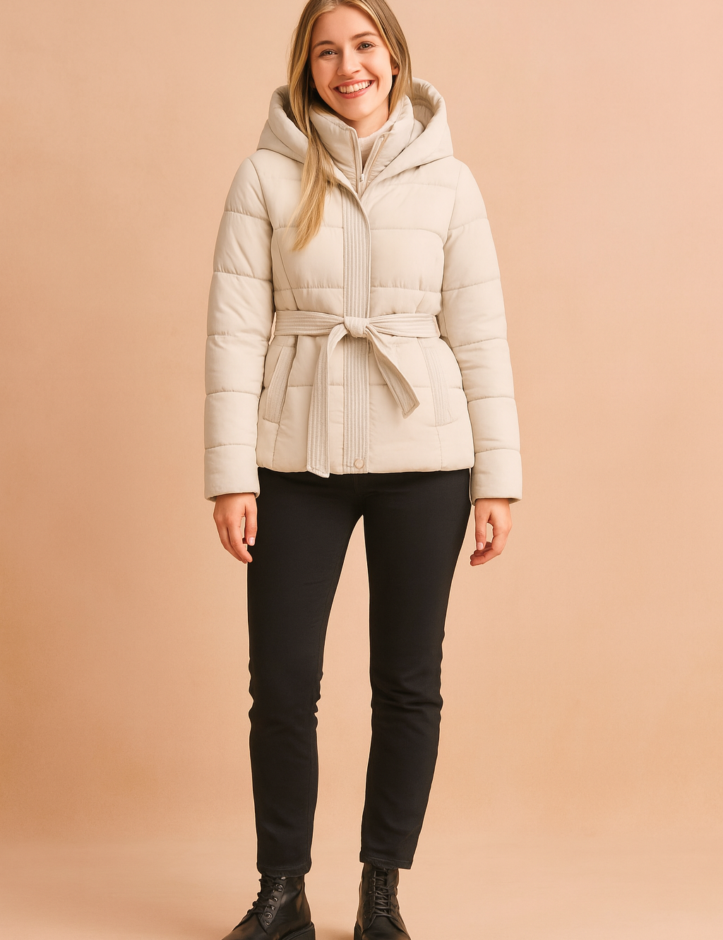 Women’s off white short hooded puffer jacket with waist belt, front zipper, and quilted design, offering a warm and stylish winter outerwear option.
