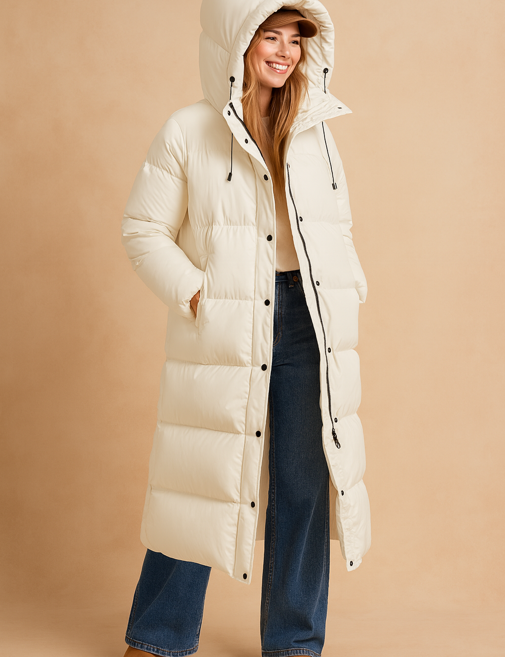 Women's long white puffer down jacket with hood, full-length design, front button and zipper closure, drawstring hood, and quilted padding for maximum warmth