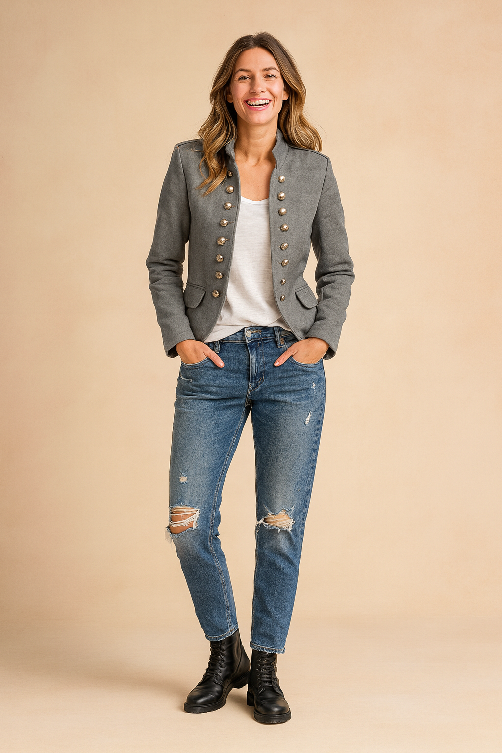 Women’s short military-style jacket with double-breasted metallic button detailing, structured shoulders, flap pockets, and slim tailored fit for chic everyday wear.